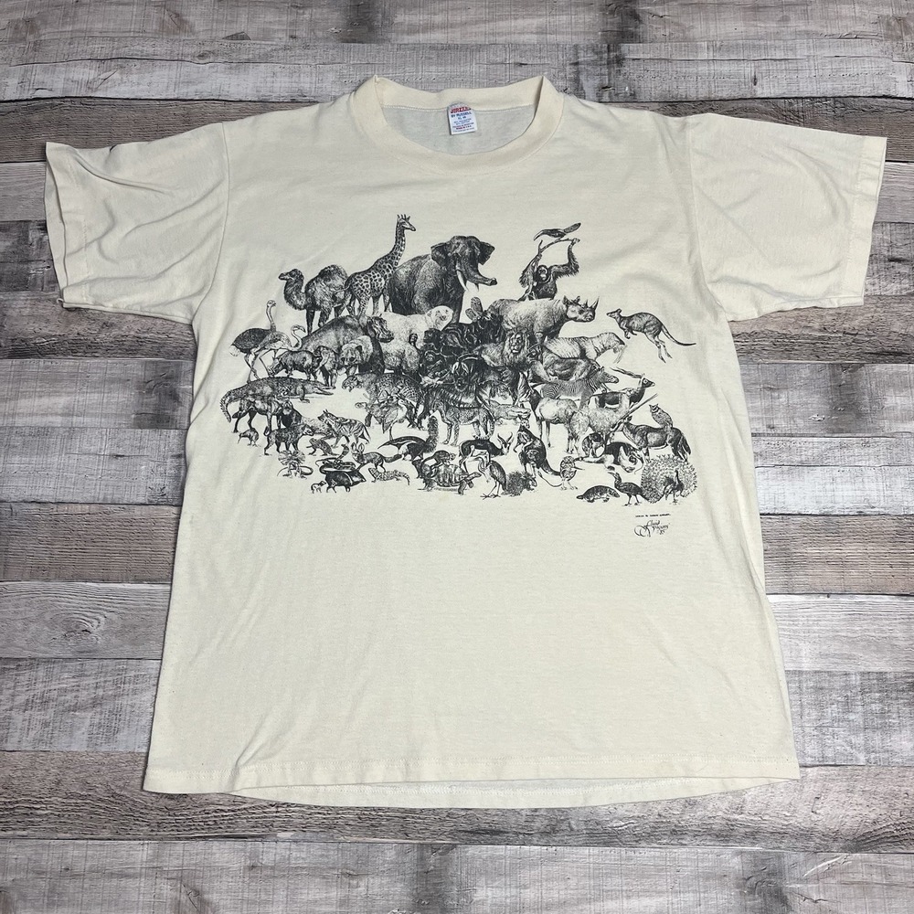 Safari Shirt Size XL Ivory Vintage 80s Animal Nature Tee Wildlife